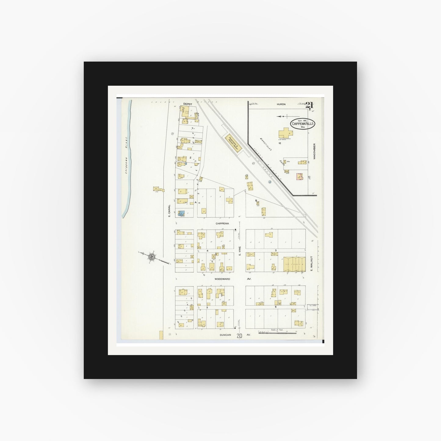 Old map wall art mockup — black gallery frame with white mat — Sanborn Fire Insurance Map from Chippewa Falls, Chippewa County, Wisconsin (1910), Sheet #0021