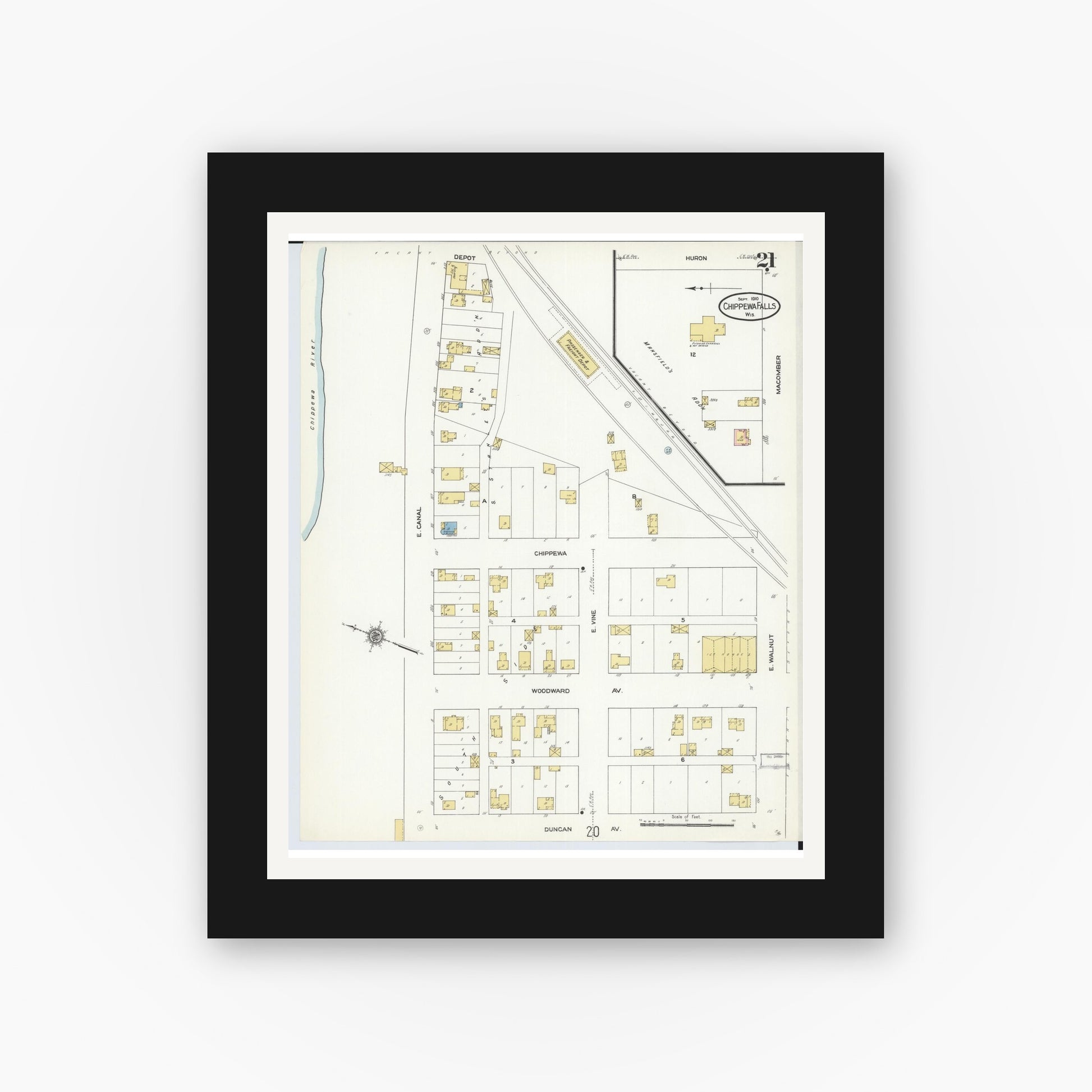 Old map wall art mockup — black gallery frame with white mat — Sanborn Fire Insurance Map from Chippewa Falls, Chippewa County, Wisconsin (1910), Sheet #0021