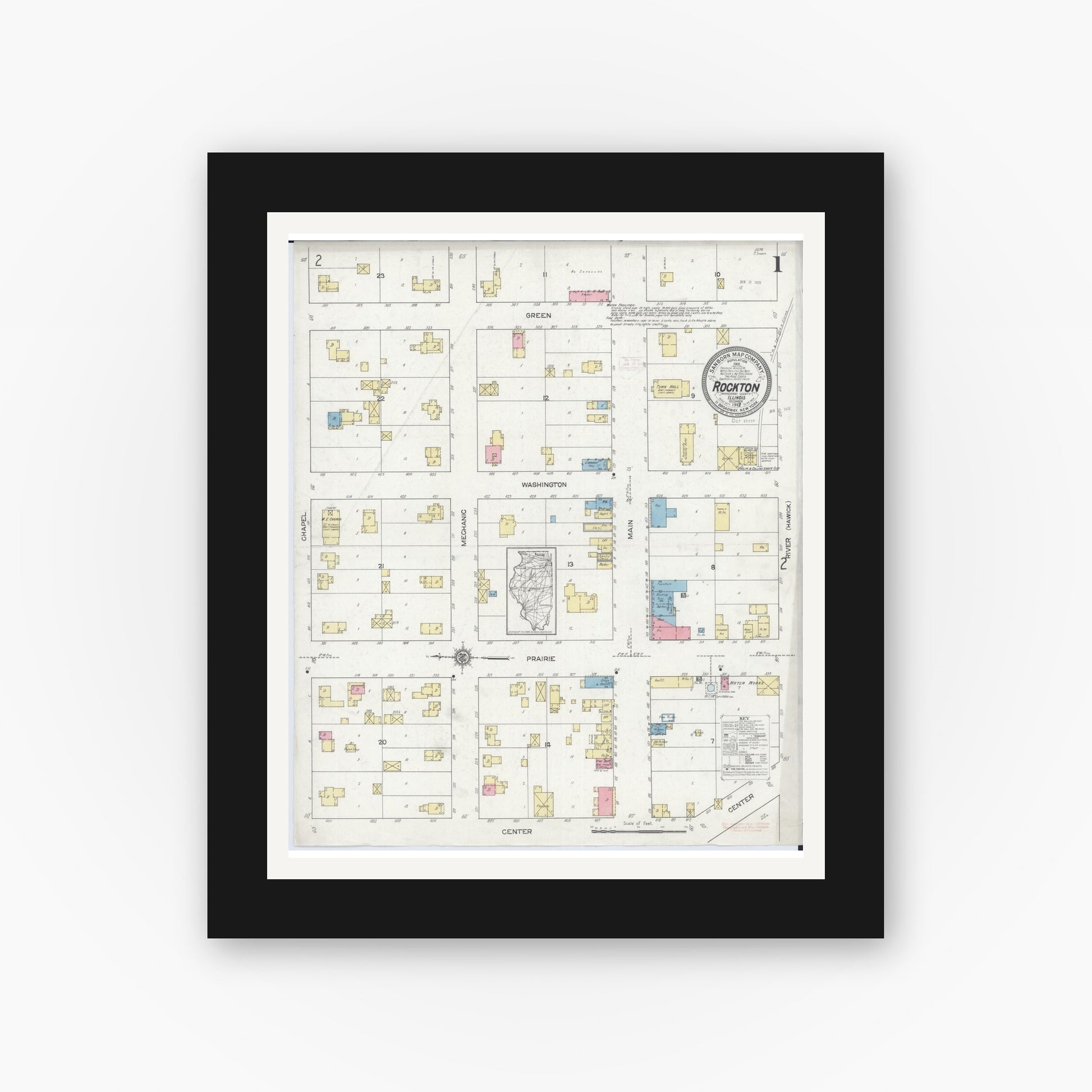 Old map wall art mockup — black gallery frame with white mat — Sanborn Fire Insurance Map from Rockton, Winnebago County, Illinois (1912) - Complete Map Set