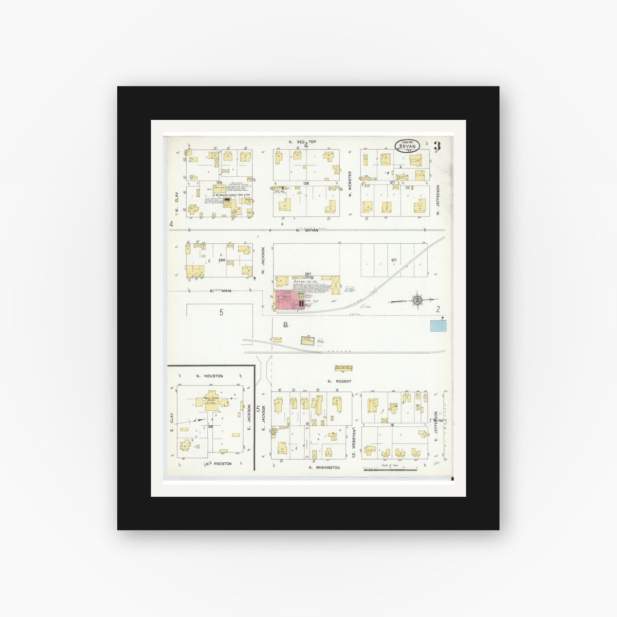 Old map wall art mockup — black gallery frame with white mat — Sanborn Fire Insurance Map from Bryan, Brazos County, Texas (1912), Sheet #0003