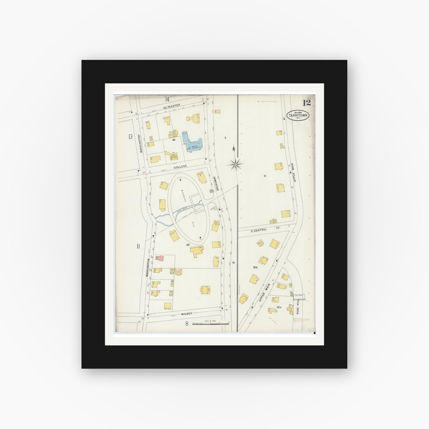Old map wall art mockup — black gallery frame with white mat — Sanborn Fire Insurance Map from Tarrytown, Westchester County, New York (1898), Sheet #0012
