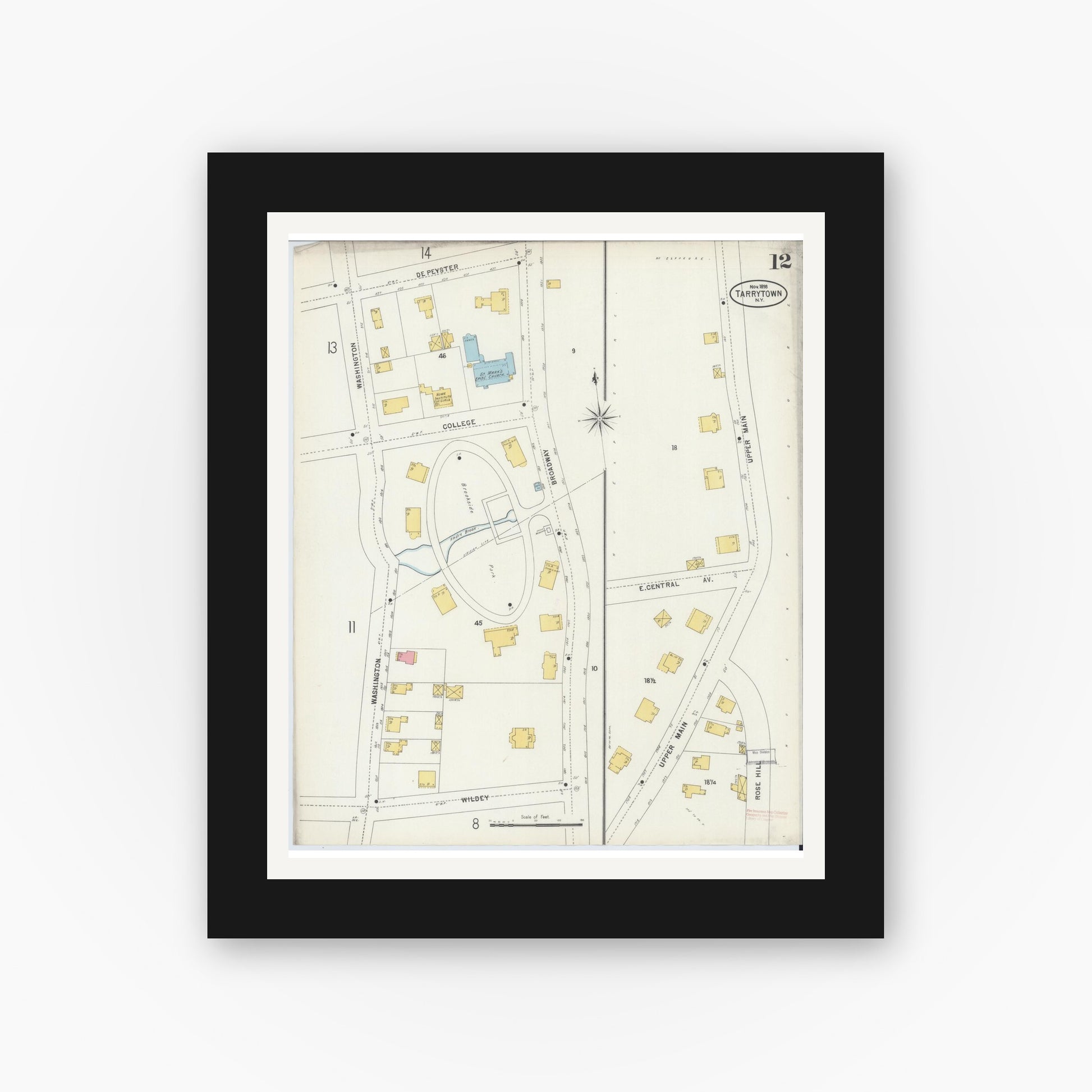 Old map wall art mockup — black gallery frame with white mat — Sanborn Fire Insurance Map from Tarrytown, Westchester County, New York (1898), Sheet #0012
