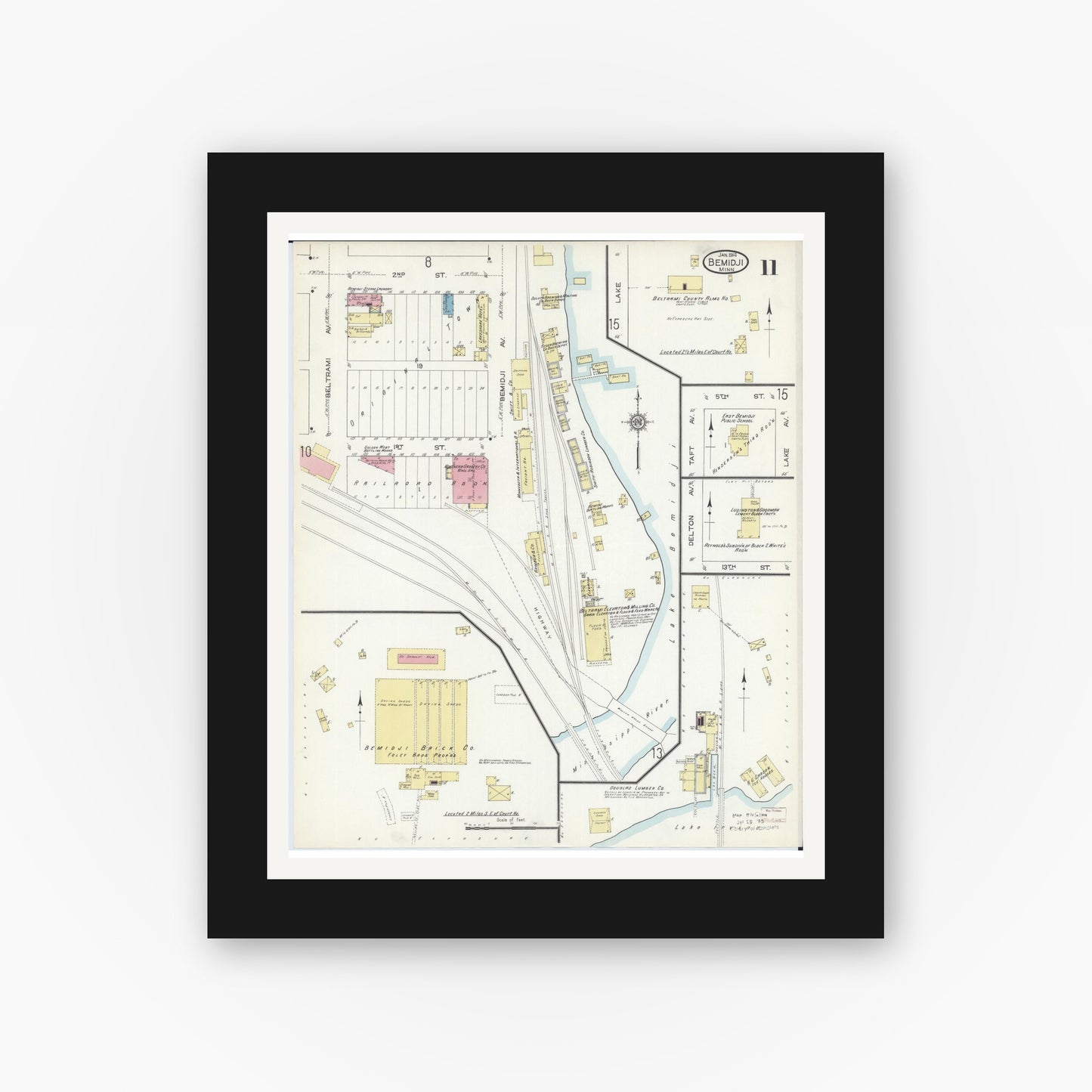 Old map wall art mockup — black gallery frame with white mat — Sanborn Fire Insurance Map from Bemidji, Beltrami County, Minnesota (1914), Sheet #0011