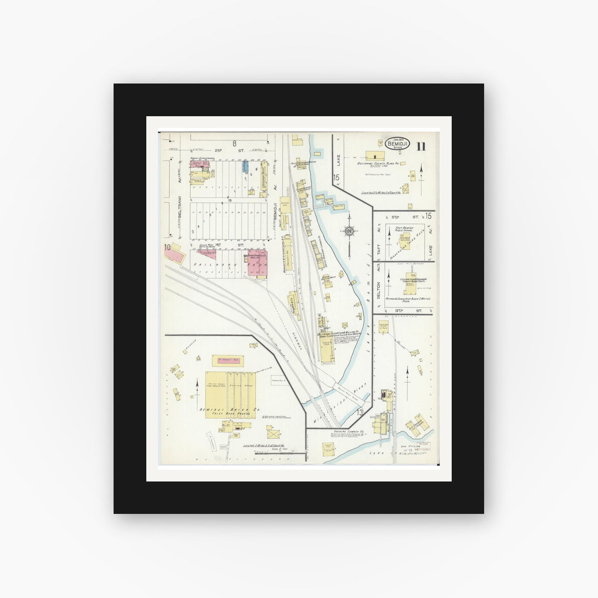 Old map wall art mockup — black gallery frame with white mat — Sanborn Fire Insurance Map from Bemidji, Beltrami County, Minnesota (1914), Sheet #0011