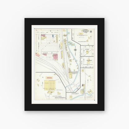 Old map wall art mockup — black gallery frame with white mat — Sanborn Fire Insurance Map from Bemidji, Beltrami County, Minnesota (1914), Sheet #0011