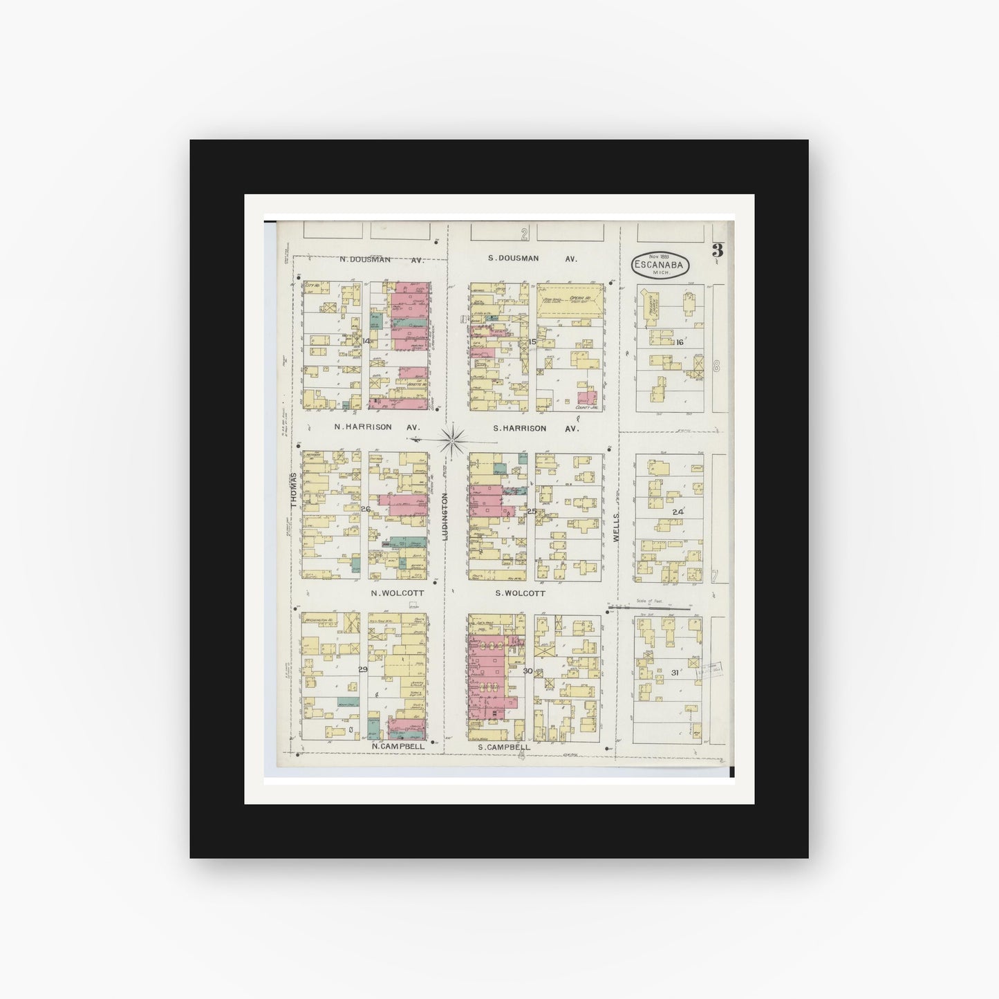 Old map wall art mockup — black gallery frame with white mat — Sanborn Fire Insurance Map from Escanaba, Delta County, Michigan (1893), Sheet #0003