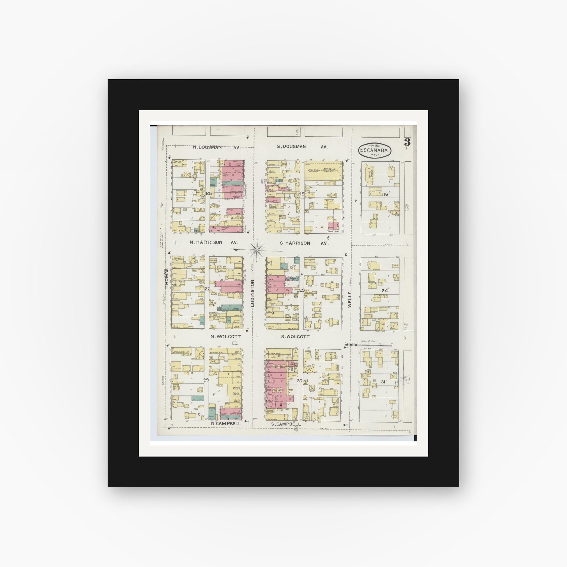 Old map wall art mockup — black gallery frame with white mat — Sanborn Fire Insurance Map from Escanaba, Delta County, Michigan (1893), Sheet #0003