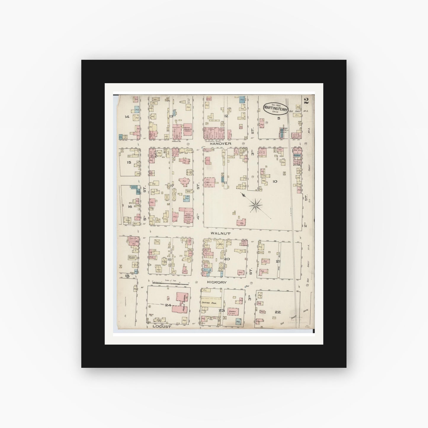 Old map wall art mockup — black gallery frame with white mat — Sanborn Fire Insurance Map from Martins Ferry, Belmont County, Ohio (Unknown), Sheet #0002