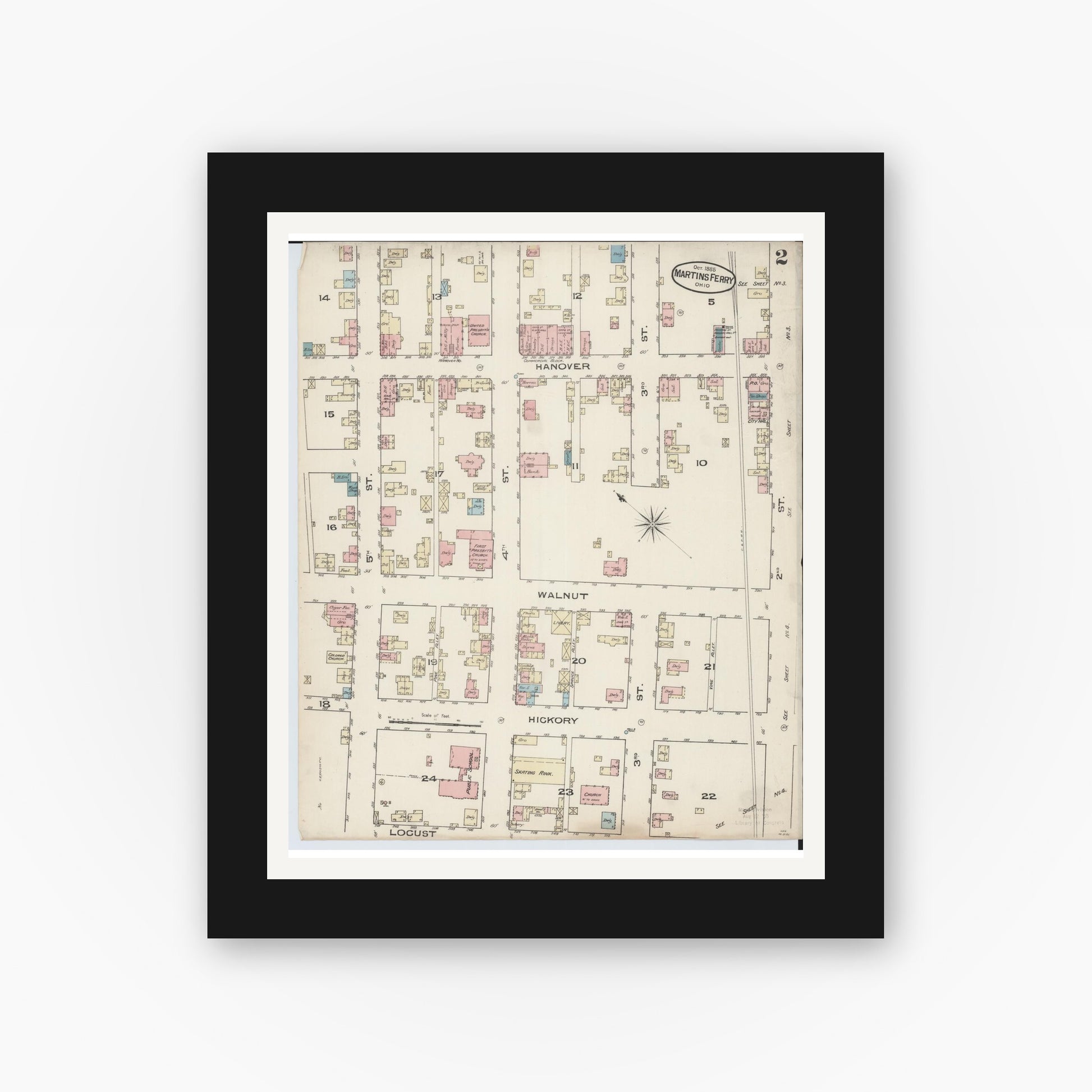 Old map wall art mockup — black gallery frame with white mat — Sanborn Fire Insurance Map from Martins Ferry, Belmont County, Ohio (Unknown), Sheet #0002