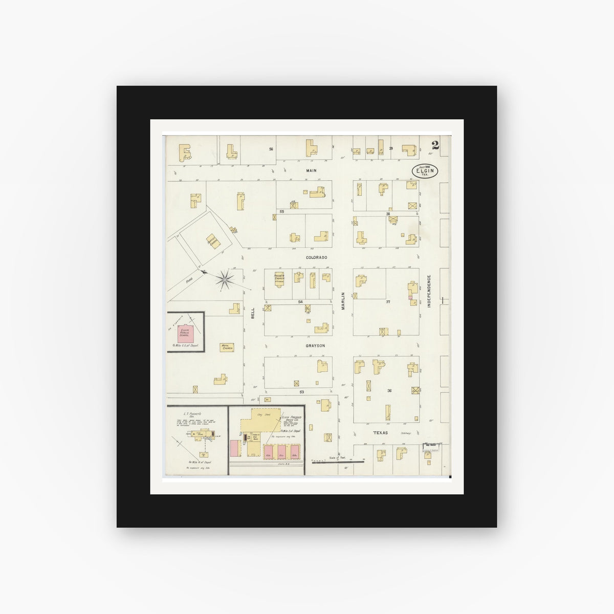 Old map wall art mockup — black gallery frame with white mat — Sanborn Fire Insurance Map from Elgin, Bastrop County, Texas (1898), Sheet #0002
