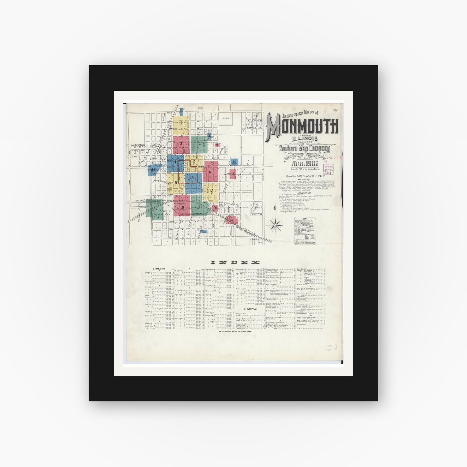 Old map wall art mockup — black gallery frame with white mat — Sanborn Fire Insurance Map from Monmouth, Warren County, Illinois (1907), Sheet #0001