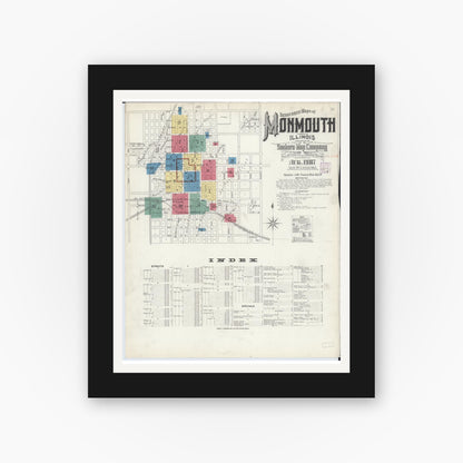 Old map wall art mockup — black gallery frame with white mat — Sanborn Fire Insurance Map from Monmouth, Warren County, Illinois (1907), Sheet #0001