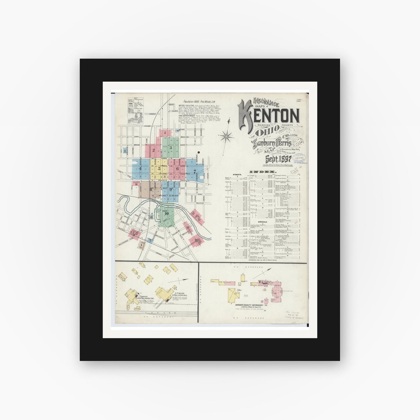 Old map wall art mockup — black gallery frame with white mat — Sanborn Fire Insurance Map from Kenton, Hardin County, Ohio (1897), Sheet #0001