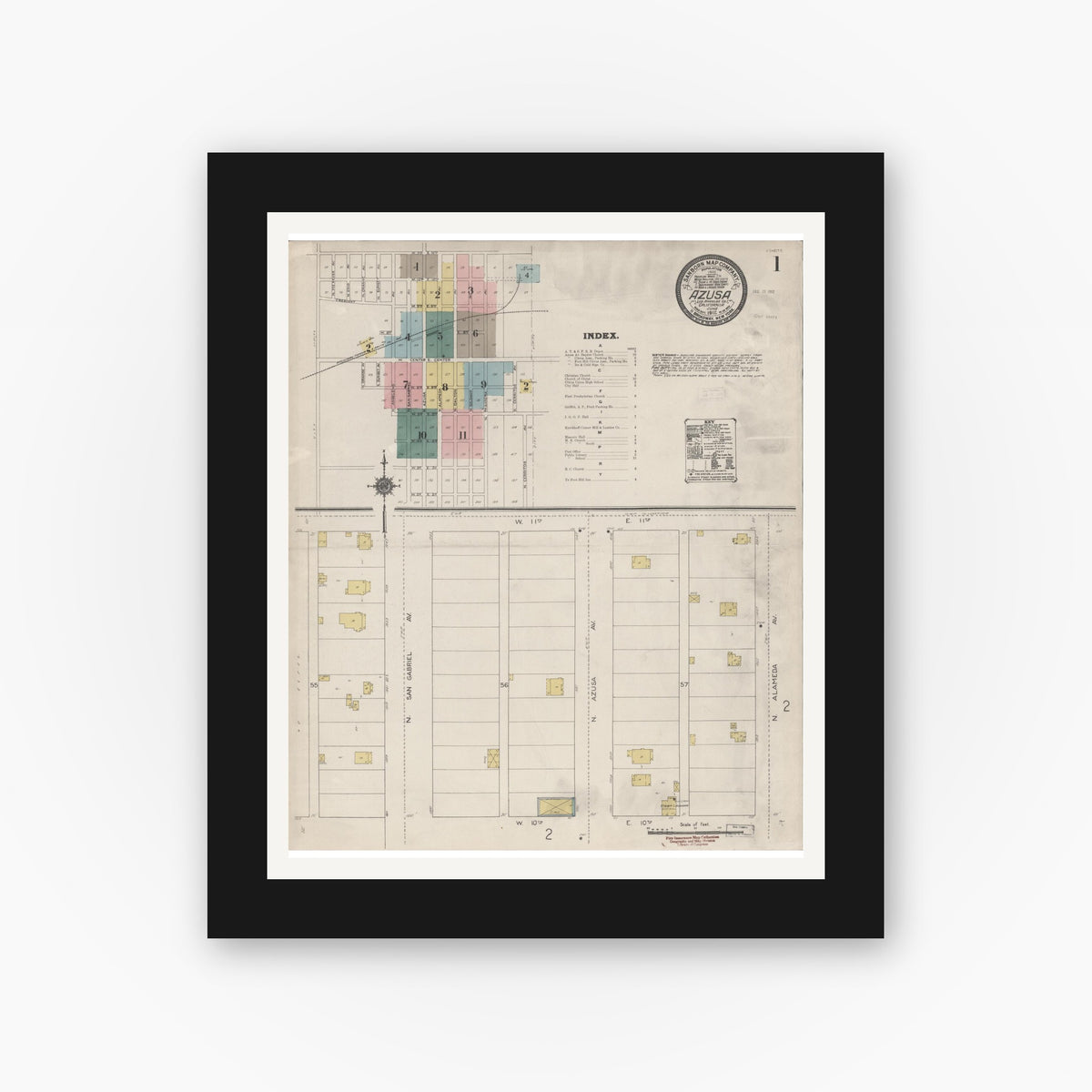 Old map wall art mockup — black gallery frame with white mat — Sanborn Fire Insurance Map from Azusa, Los Angeles County, California (1912), Sheet #0001