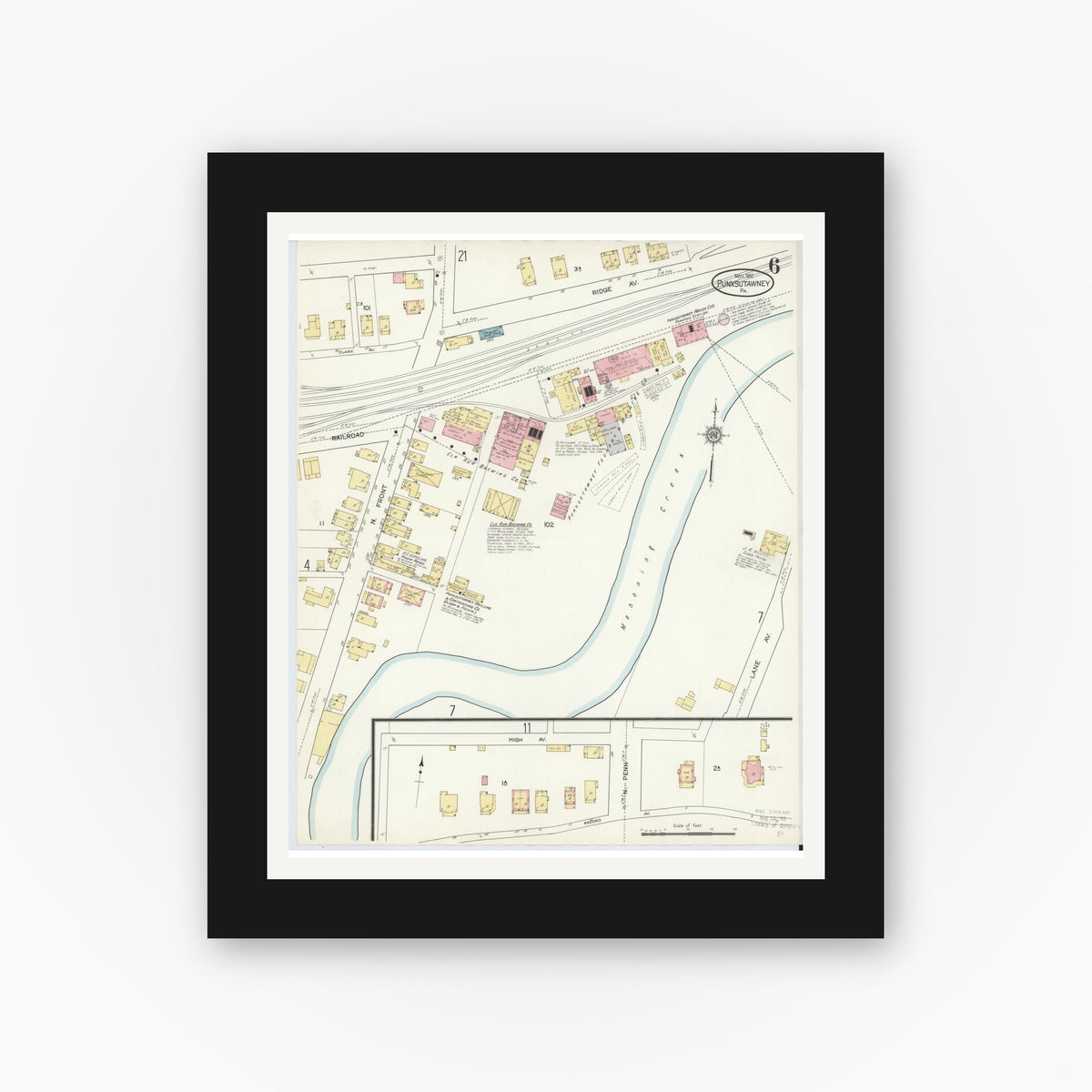 Old map wall art mockup — black gallery frame with white mat — Sanborn Fire Insurance Map from Punxsutawney, Jefferson County, Pennsylvania (1912), Sheet #0006