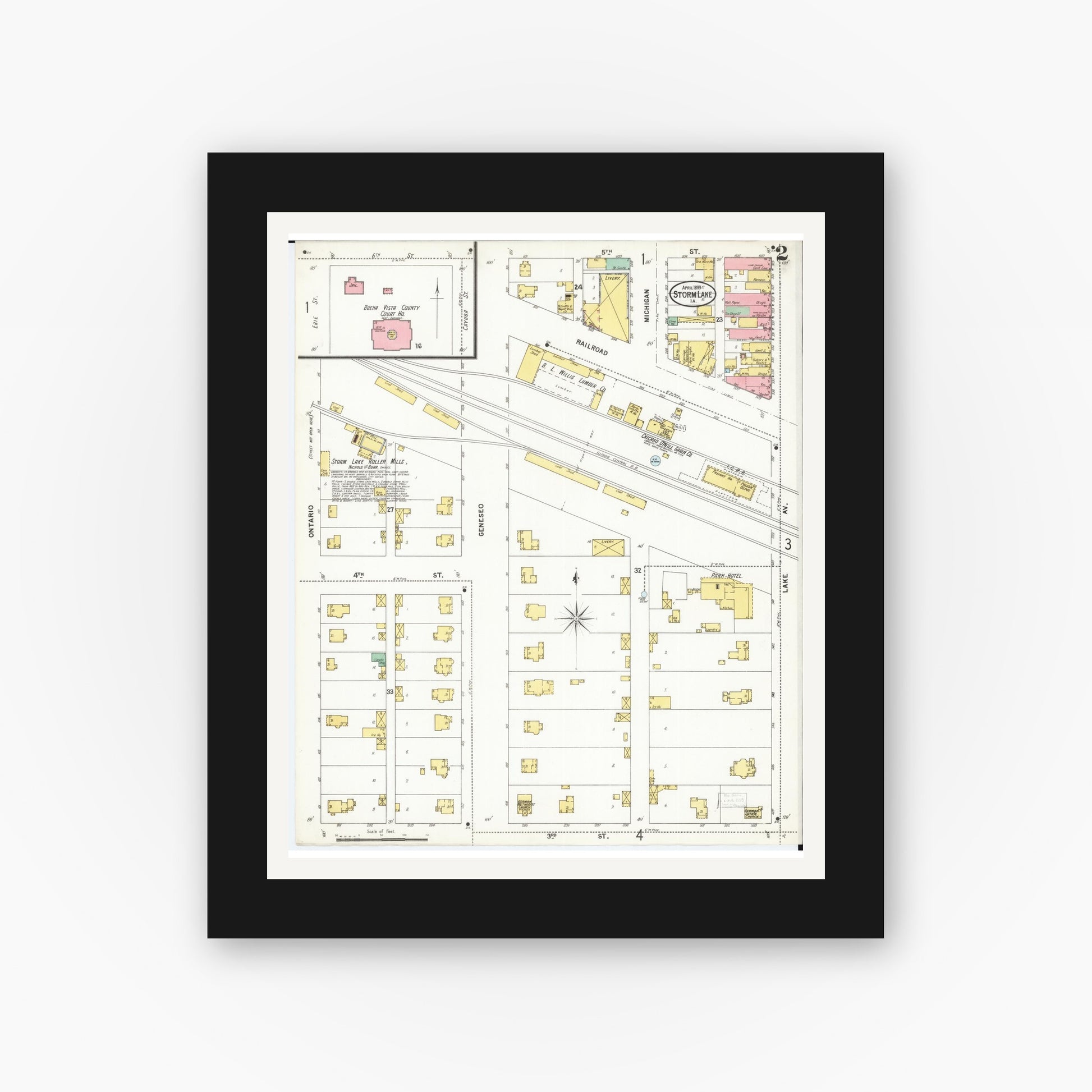 Old map wall art mockup — black gallery frame with white mat — Sanborn Fire Insurance Map from Storm Lake, Buena Vista County, Iowa (1899), Sheet #0002