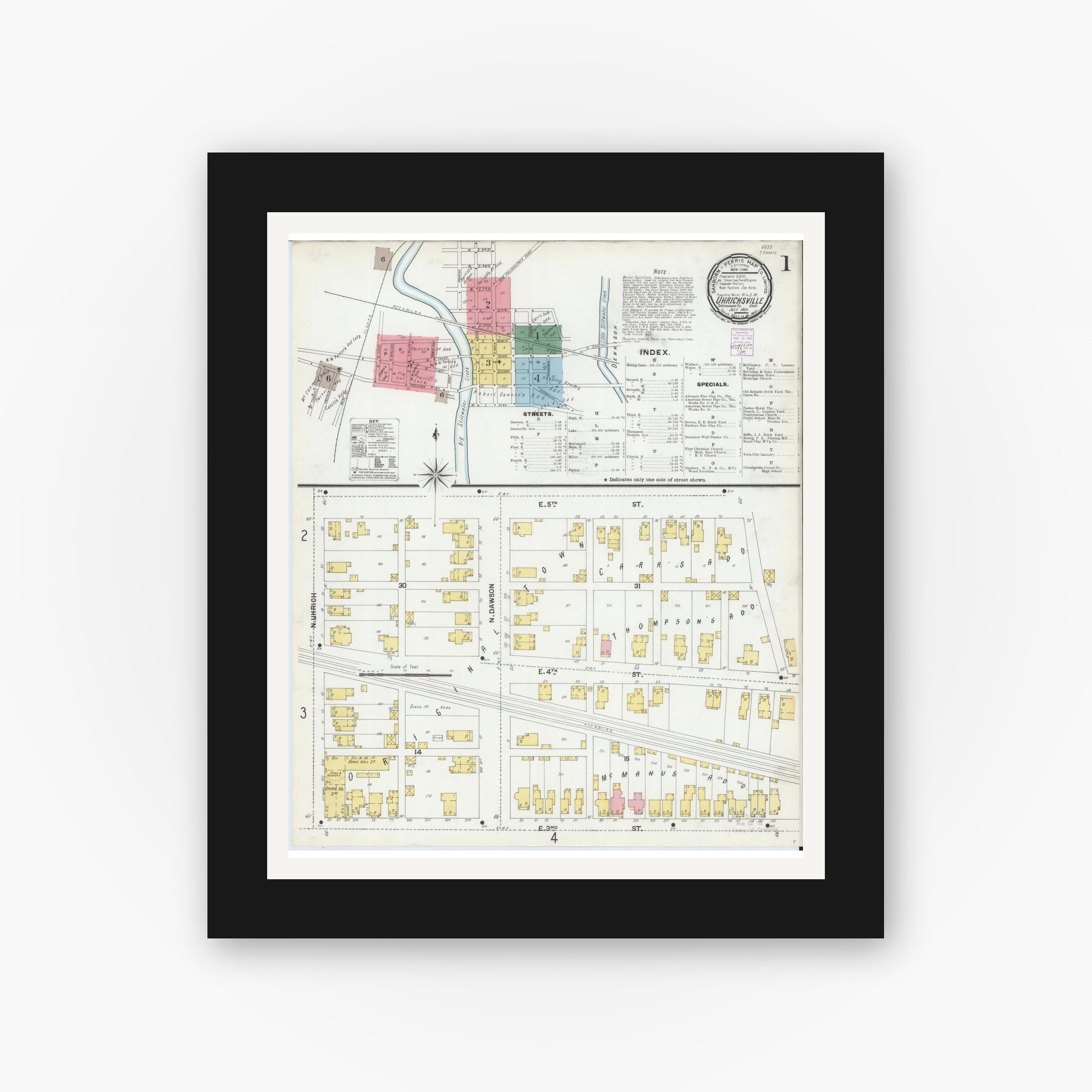 Old map wall art mockup — black gallery frame with white mat — Sanborn Fire Insurance Map from Uhrichsville, Tuscarawas County, Ohio (1901), Sheet #0001