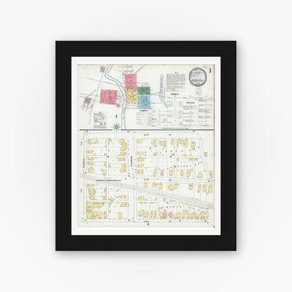 Old map wall art mockup — black gallery frame with white mat — Sanborn Fire Insurance Map from Uhrichsville, Tuscarawas County, Ohio (1901), Sheet #0001