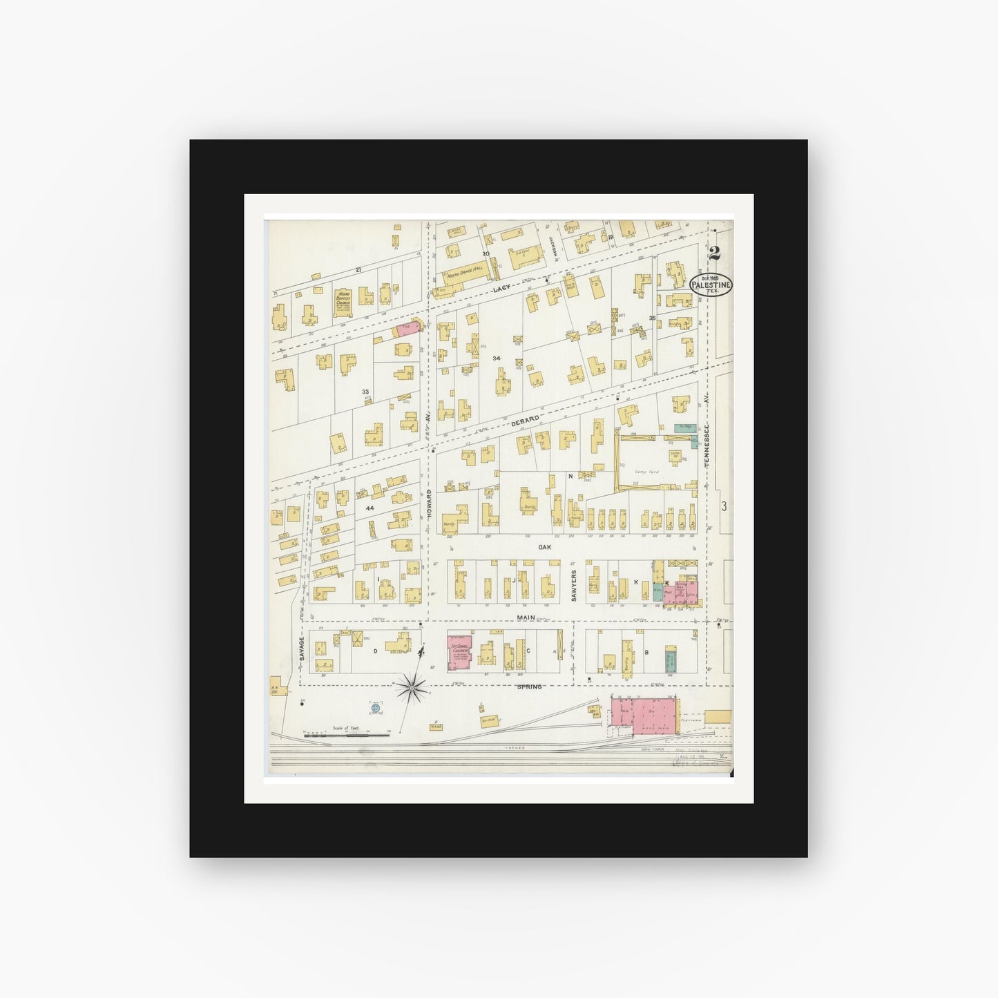 Old map wall art mockup — black gallery frame with white mat — Sanborn Fire Insurance Map from Palestine, Anderson County, Texas (1905), Sheet #0002