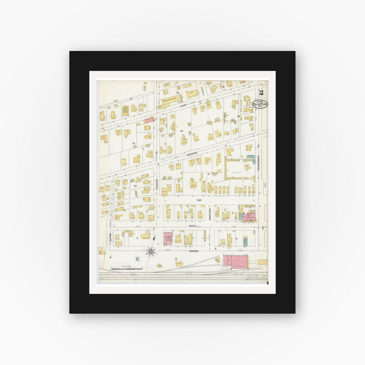 Old map wall art mockup — black gallery frame with white mat — Sanborn Fire Insurance Map from Palestine, Anderson County, Texas (1905), Sheet #0002