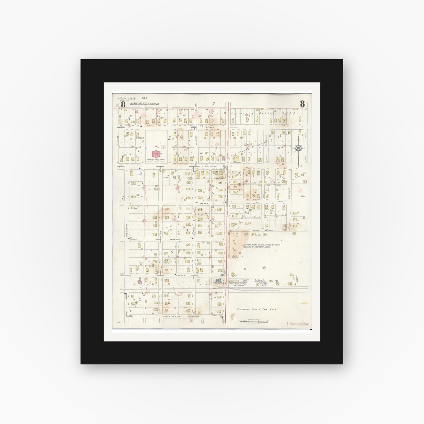 Old map wall art mockup — black gallery frame with white mat — Sanborn Fire Insurance Map from Marion, Williamson County, Illinois (1946), Sheet #0008
