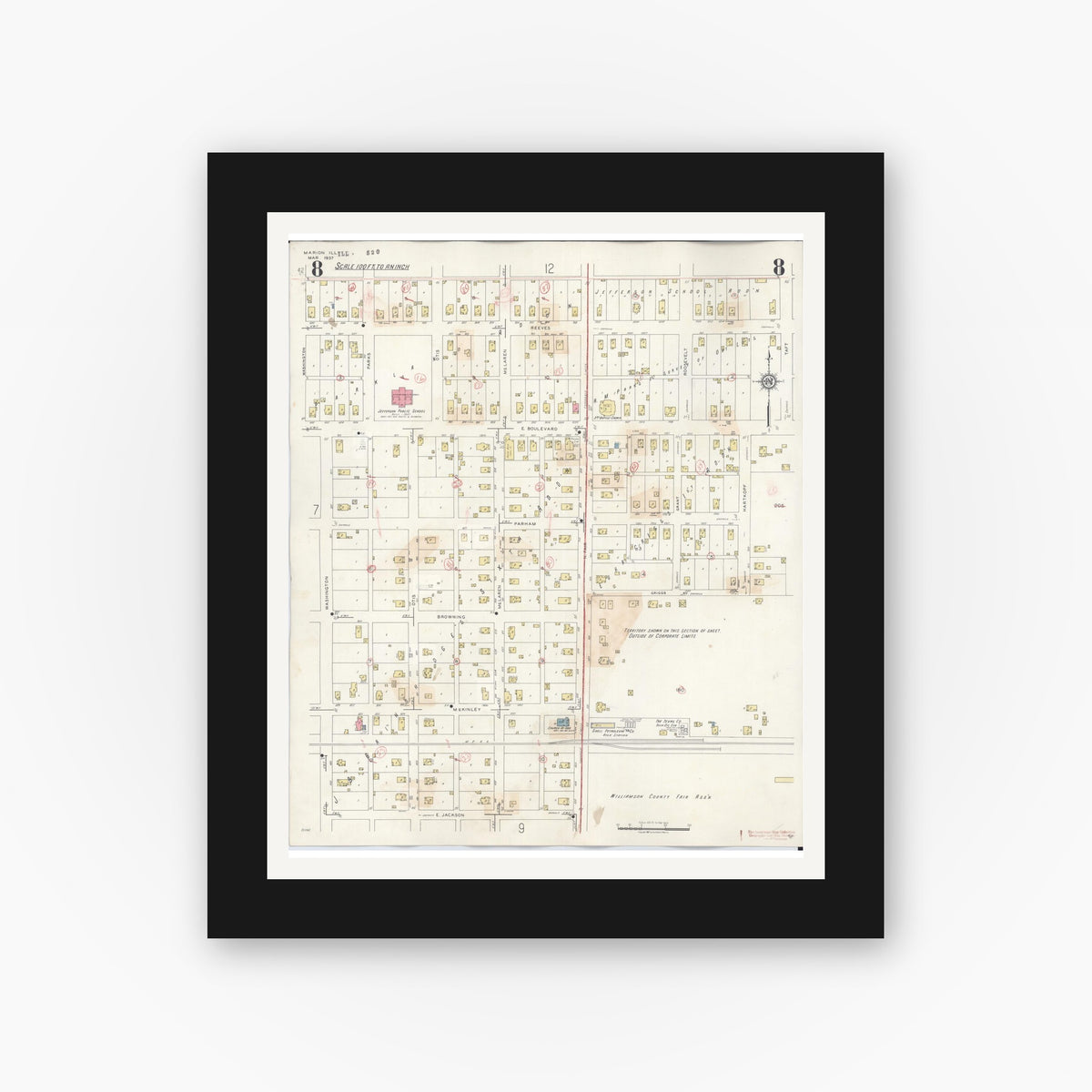 Old map wall art mockup — black gallery frame with white mat — Sanborn Fire Insurance Map from Marion, Williamson County, Illinois (1946), Sheet #0008