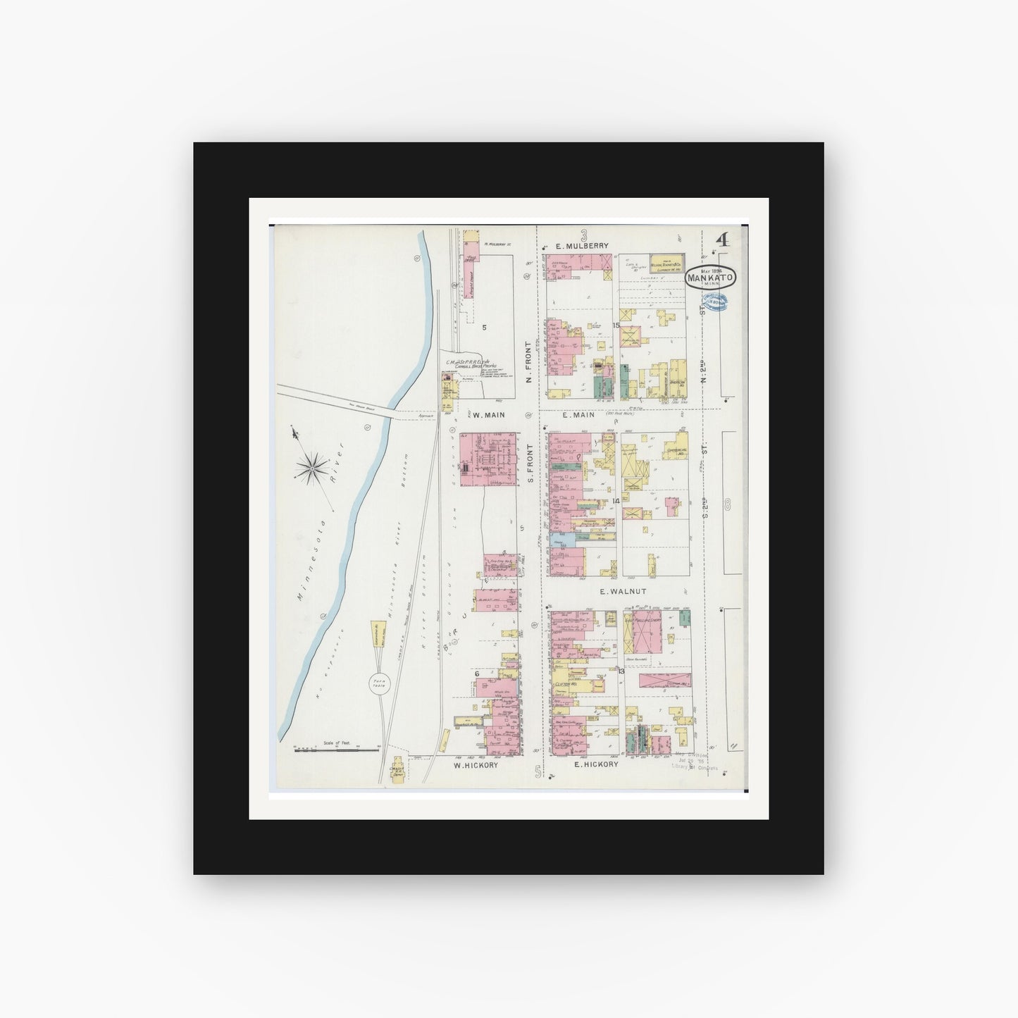Old map wall art mockup — black gallery frame with white mat — Sanborn Fire Insurance Map from Mankato, Blue Earth County, Minnesota (1894), Sheet #0004