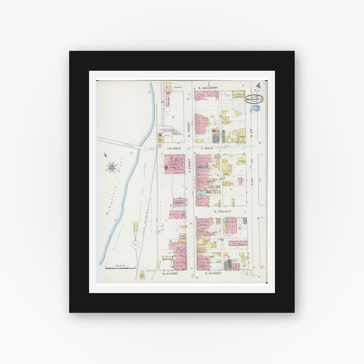Old map wall art mockup — black gallery frame with white mat — Sanborn Fire Insurance Map from Mankato, Blue Earth County, Minnesota (1894), Sheet #0004