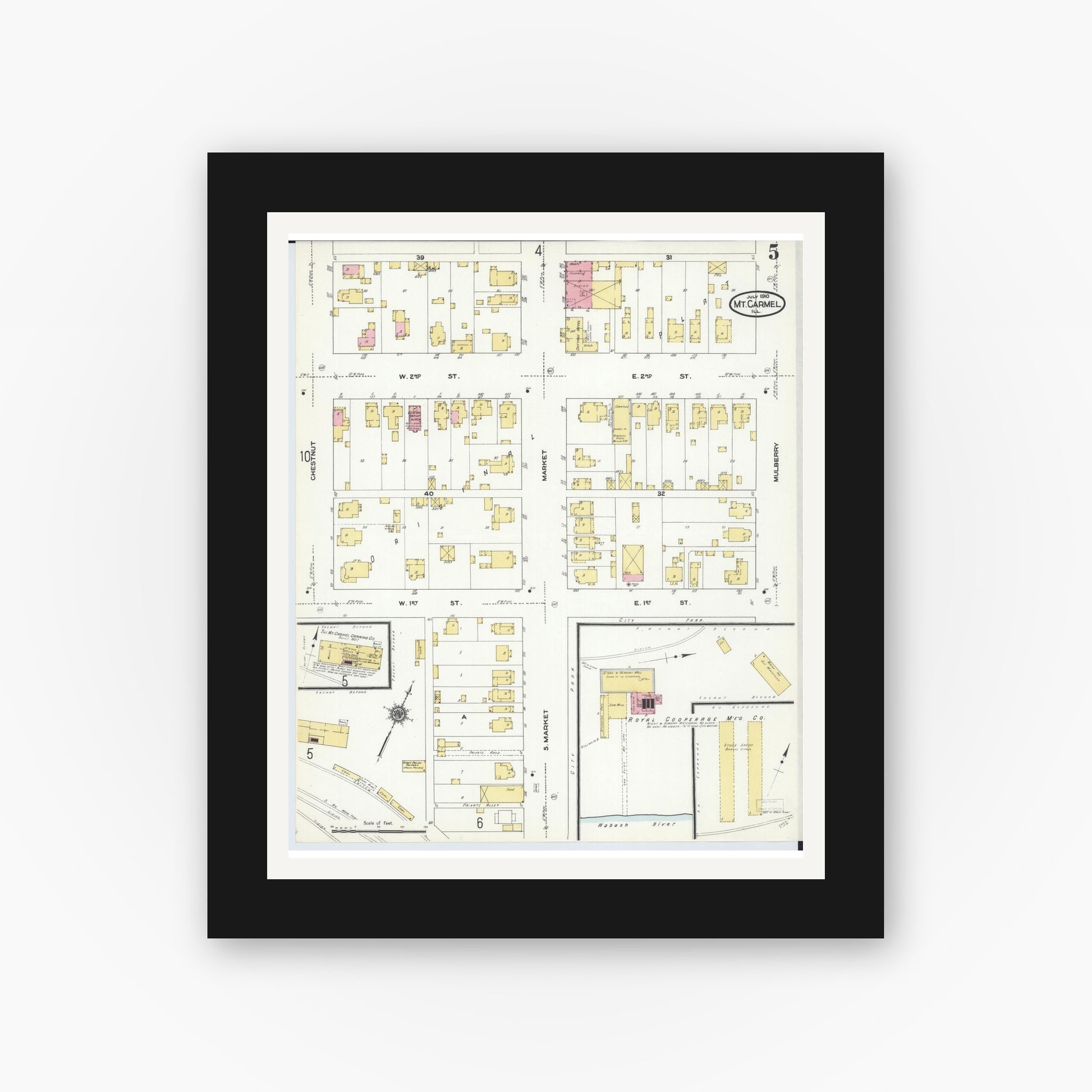Old map wall art mockup — black gallery frame with white mat — Sanborn Fire Insurance Map from Mount Carmel, Wabash County, Illinois (1910), Sheet #0005