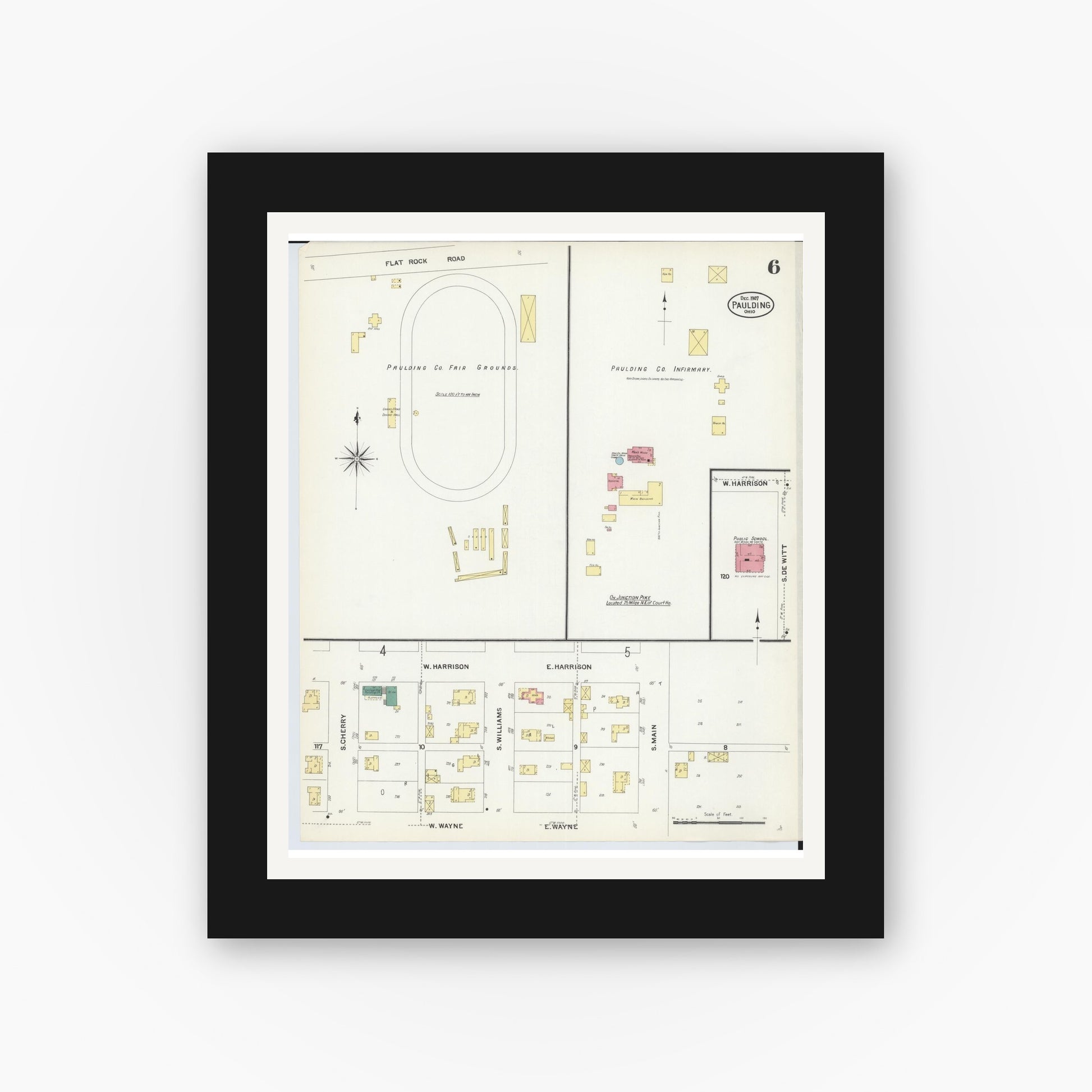 Old map wall art mockup — black gallery frame with white mat — Sanborn Fire Insurance Map from Paulding, Paulding County, Ohio (1907), Sheet #0006