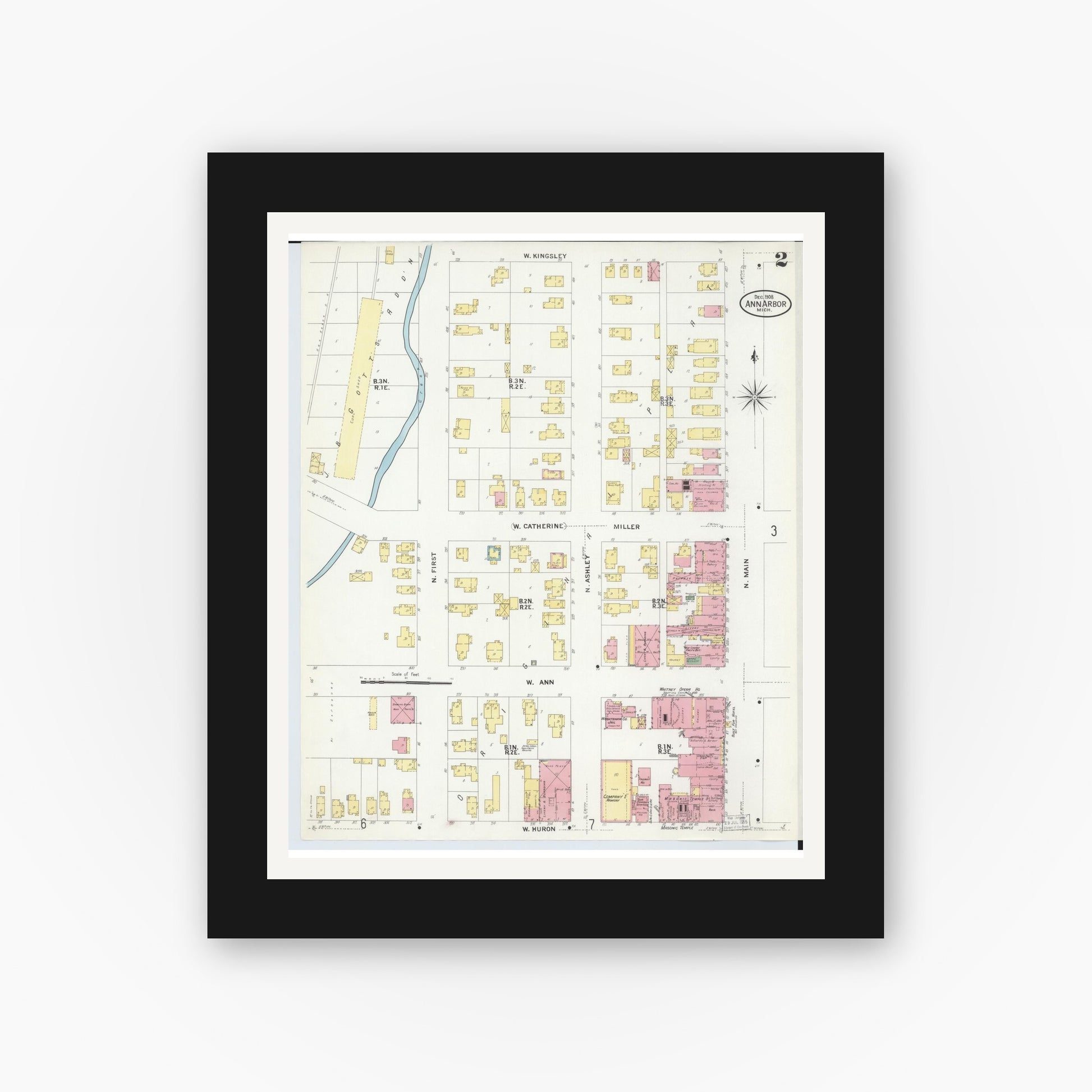 Old map wall art mockup — black gallery frame with white mat — Sanborn Fire Insurance Map from Ann Arbor, Washtenaw County, Michigan (1908), Sheet #0002