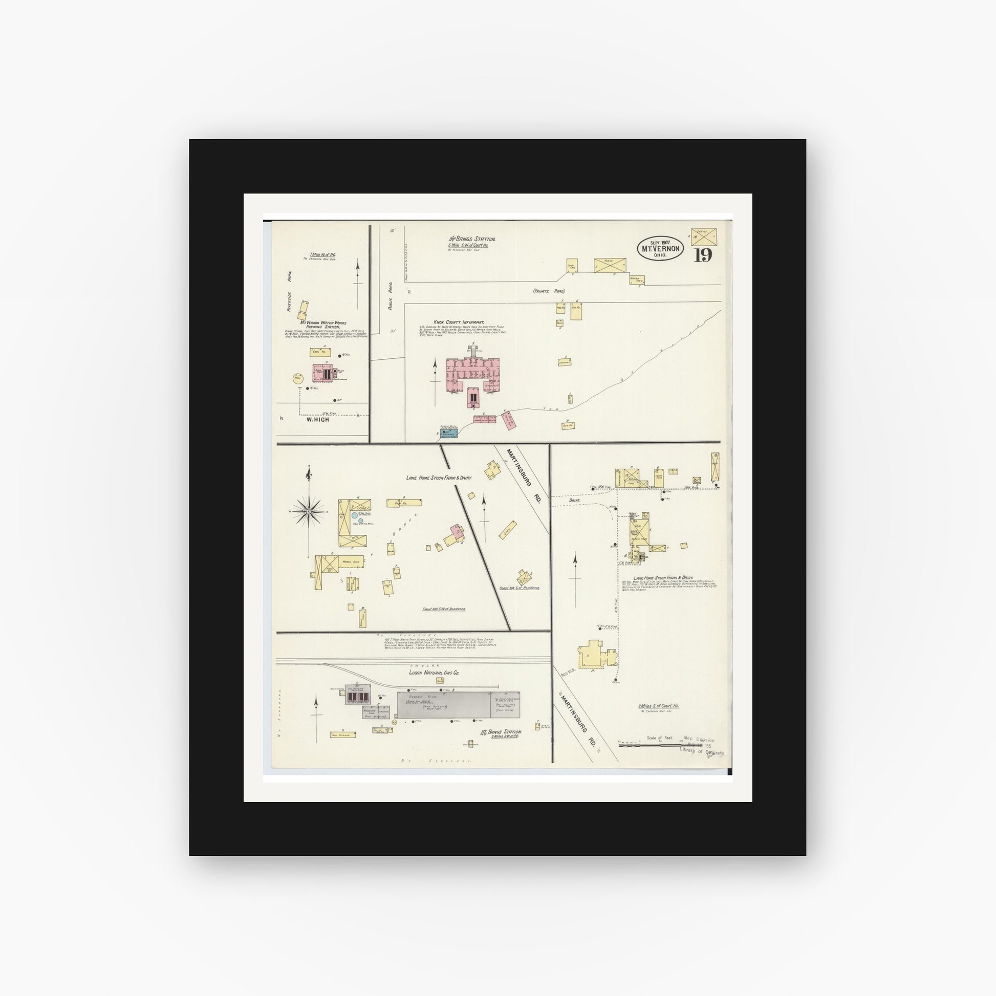 Old map wall art mockup — black gallery frame with white mat — Sanborn Fire Insurance Map from Mount Vernon, Knox County, Ohio (1907), Sheet #0019