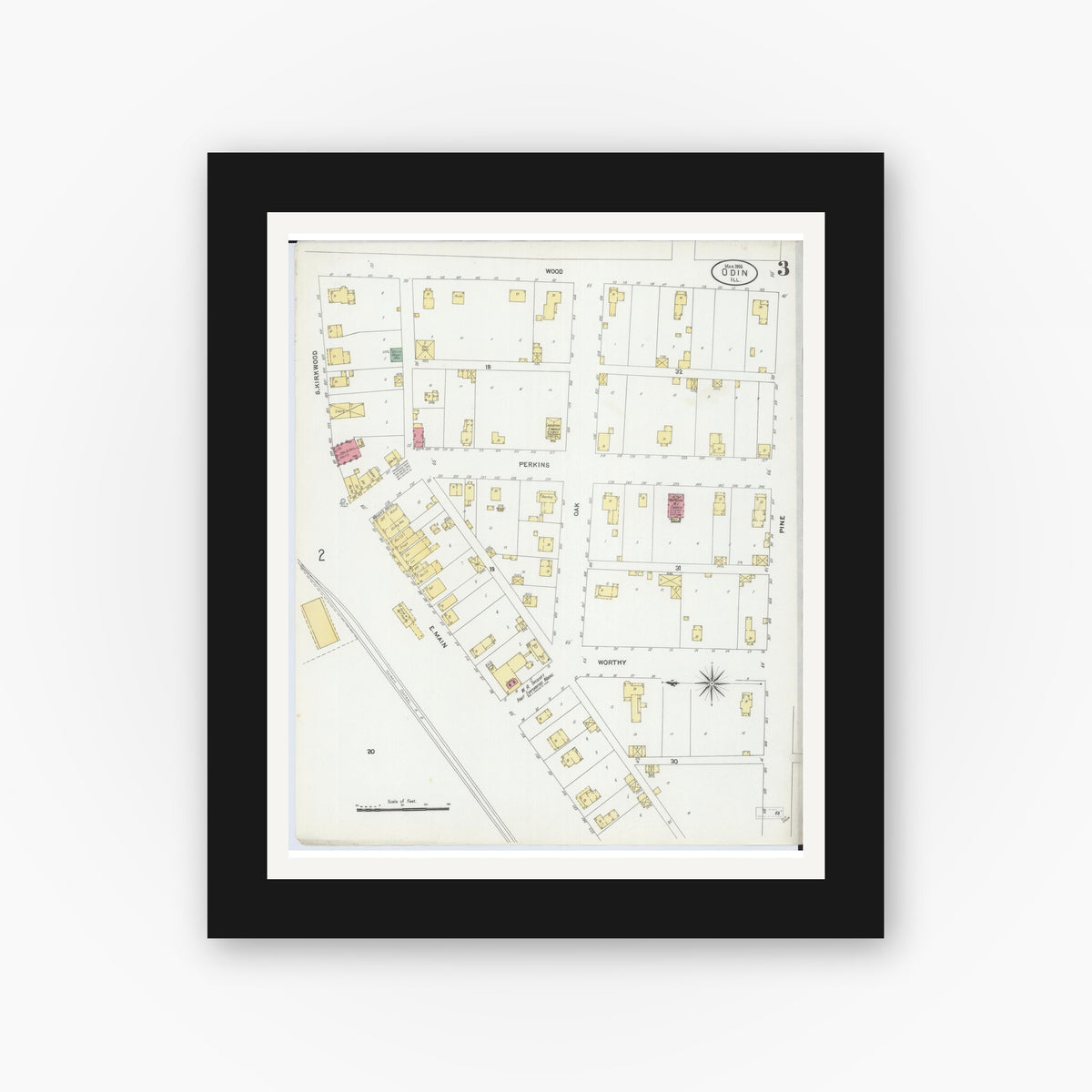 Old map wall art mockup — black gallery frame with white mat — Sanborn Fire Insurance Map from Odin, Marion County, Illinois (1906), Sheet #0003