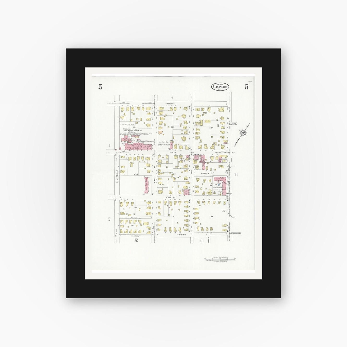 Old map wall art mockup — black gallery frame with white mat — Sanborn Fire Insurance Map from Burlington, Alamance County, North Carolina (1929), Sheet #0005
