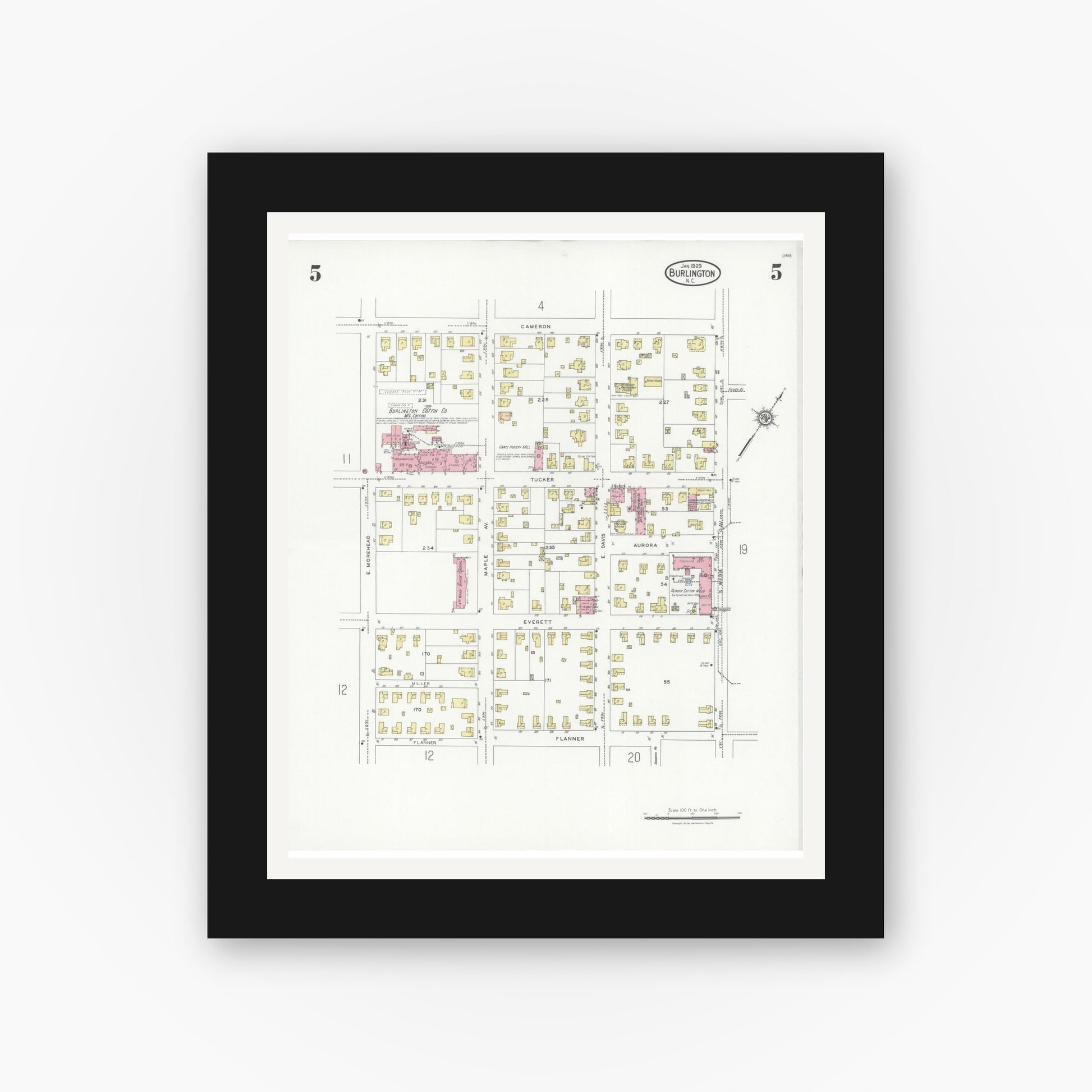 Old map wall art mockup — black gallery frame with white mat — Sanborn Fire Insurance Map from Burlington, Alamance County, North Carolina (1929), Sheet #0005
