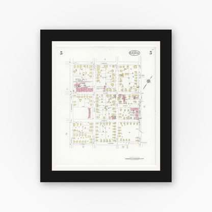 Old map wall art mockup — black gallery frame with white mat — Sanborn Fire Insurance Map from Burlington, Alamance County, North Carolina (1929), Sheet #0005