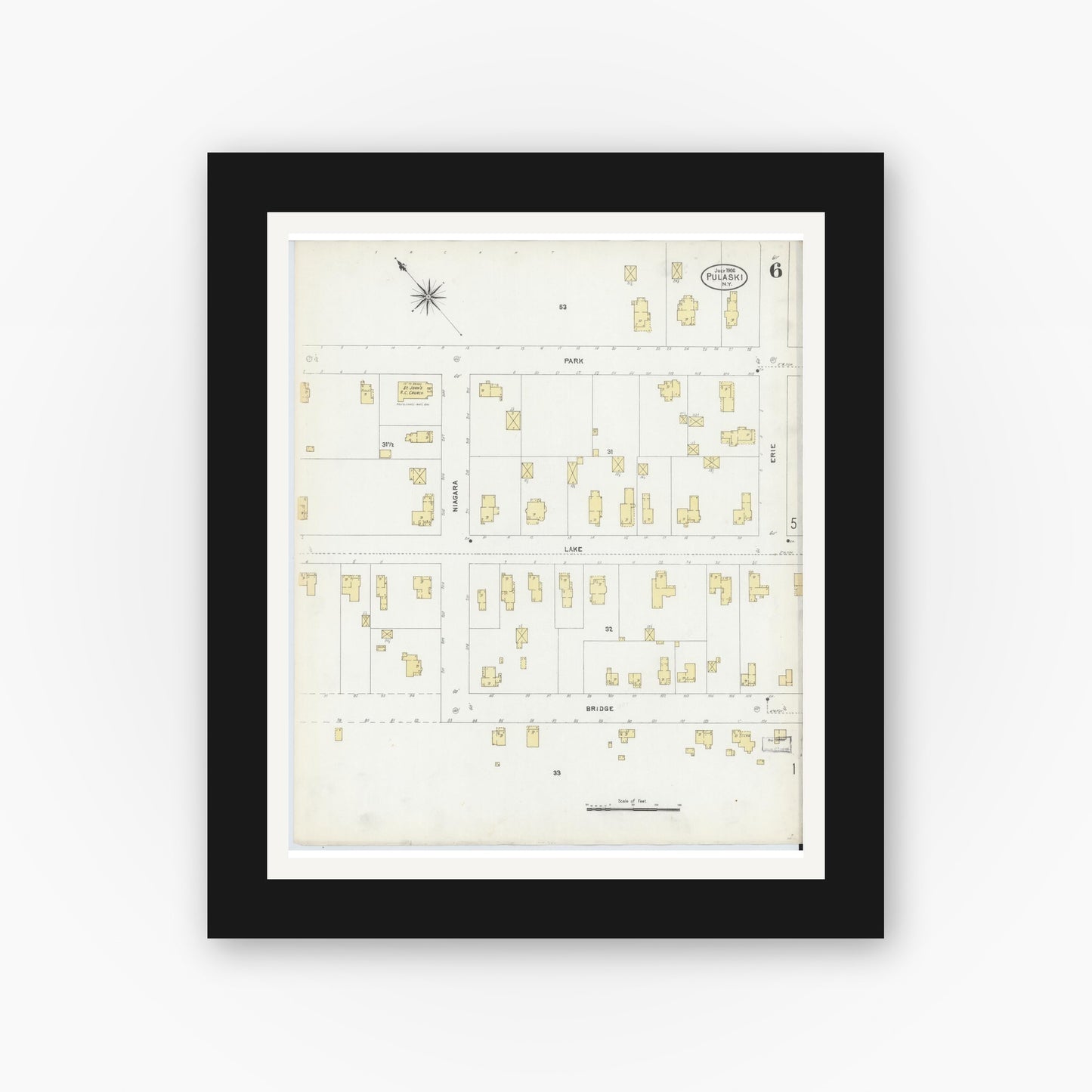 Old map wall art mockup — black gallery frame with white mat — Sanborn Fire Insurance Map from Pulaski, Oswego County, New York (1906), Sheet #0006