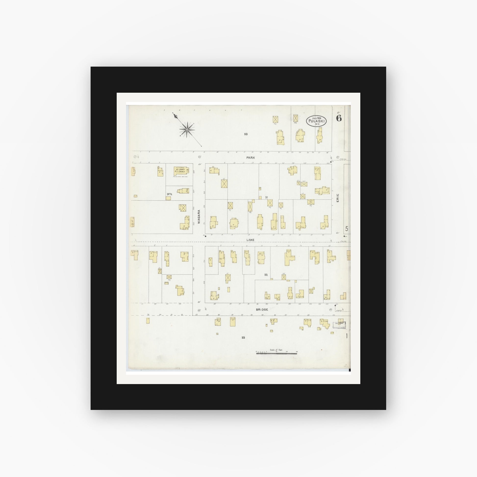 Old map wall art mockup — black gallery frame with white mat — Sanborn Fire Insurance Map from Pulaski, Oswego County, New York (1906), Sheet #0006