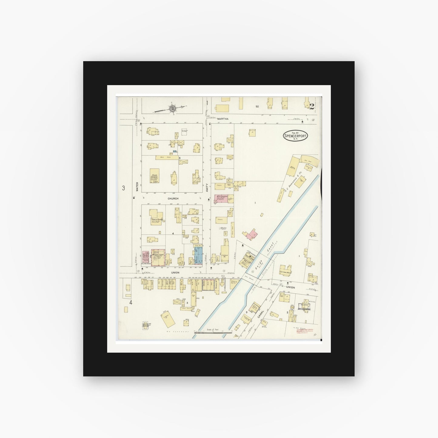 Old map wall art mockup — black gallery frame with white mat — Sanborn Fire Insurance Map from Spencerport, Monroe County, New York (1911), Sheet #0002