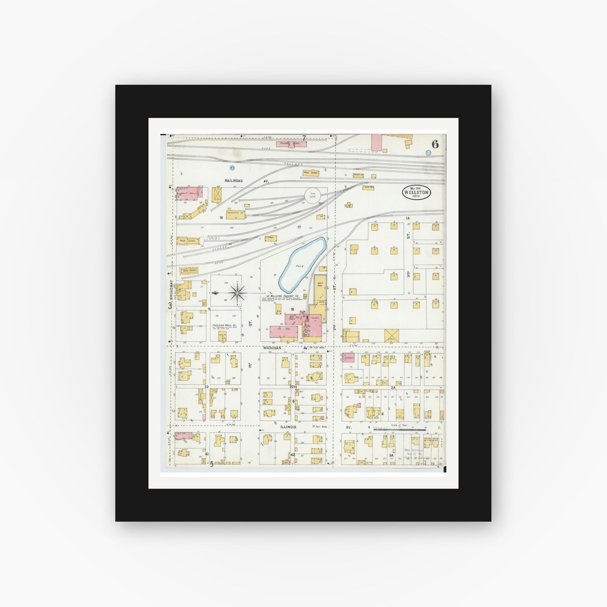 Old map wall art mockup — black gallery frame with white mat — Sanborn Fire Insurance Map from Wellston, Jackson County, Ohio (1904), Sheet #0006