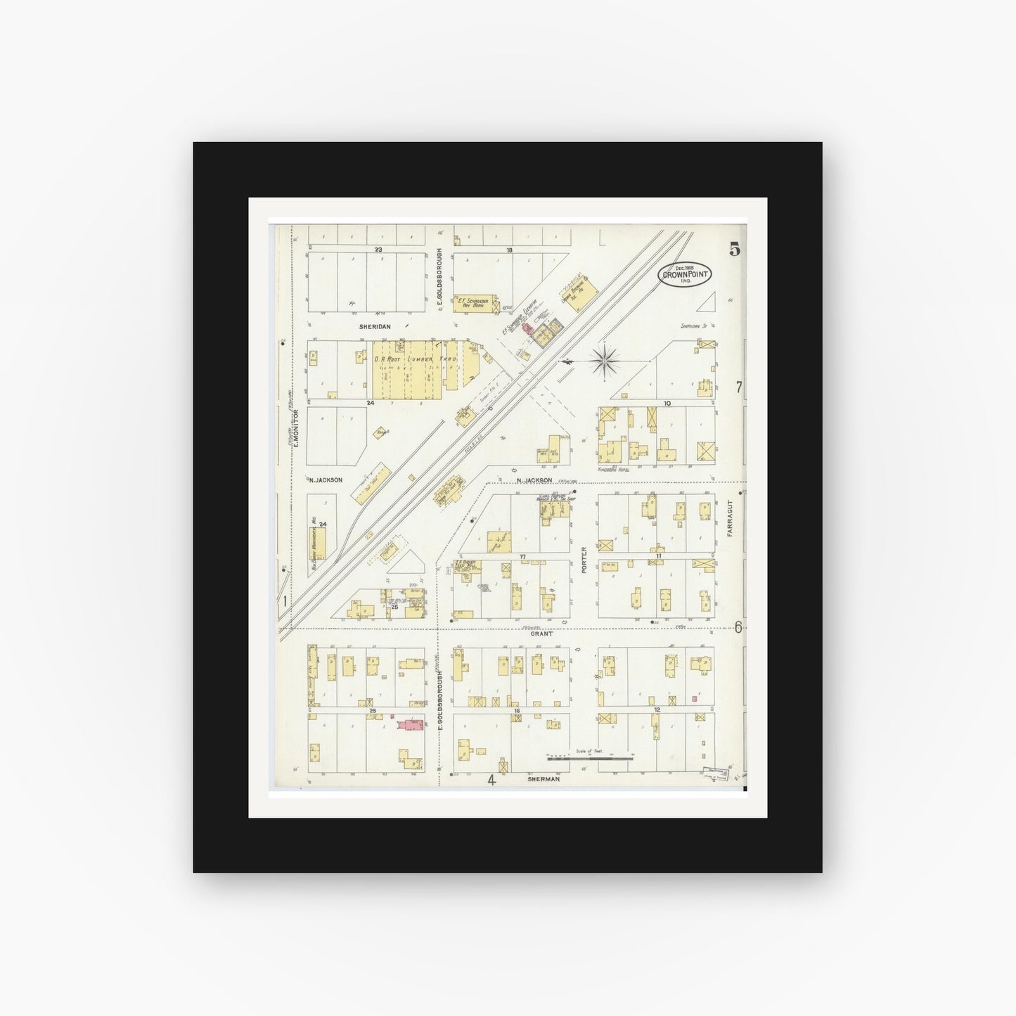 Old map wall art mockup — black gallery frame with white mat — Sanborn Fire Insurance Map from Crown Point, Lake County, Indiana (1905), Sheet #0005
