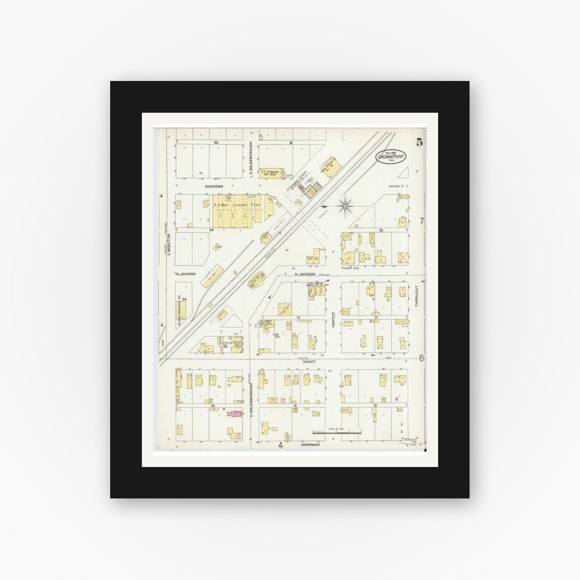 Old map wall art mockup — black gallery frame with white mat — Sanborn Fire Insurance Map from Crown Point, Lake County, Indiana (1905), Sheet #0005