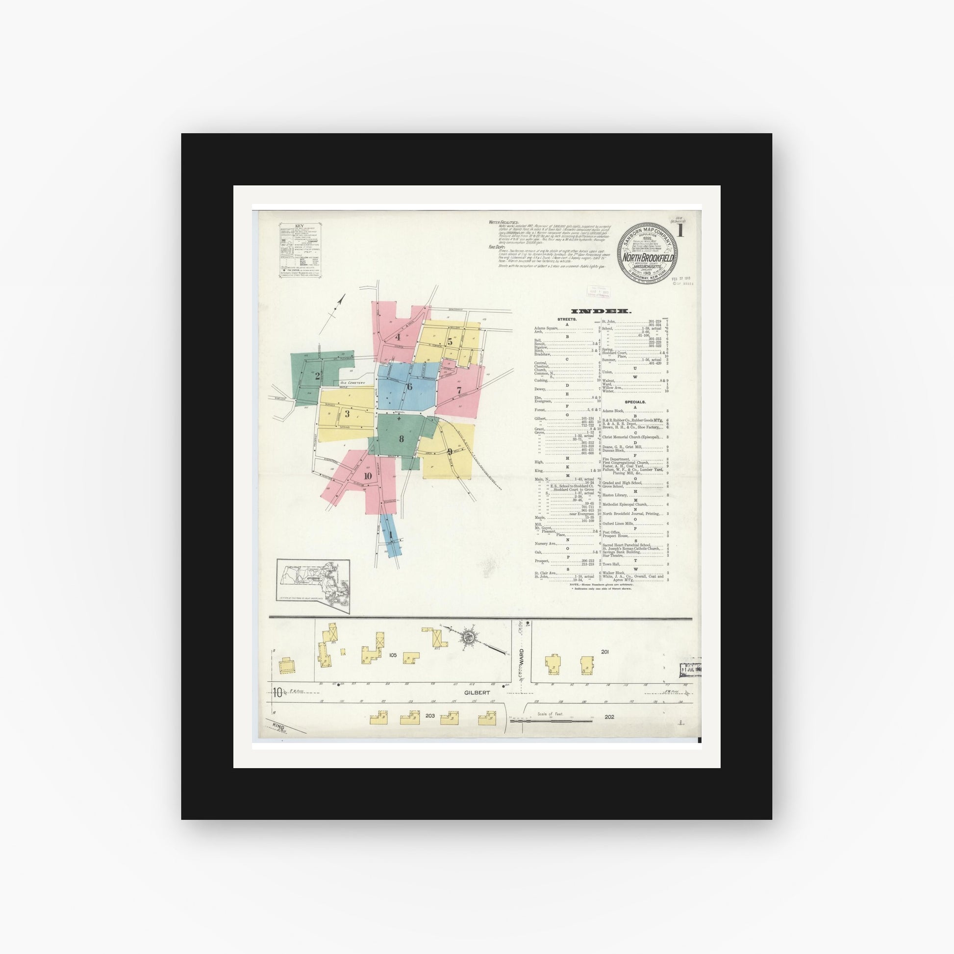 Old map wall art mockup — black gallery frame with white mat — Sanborn Fire Insurance Map from North Brookfield, Worcester County, Massachusetts (1913) - Complete Map Set
