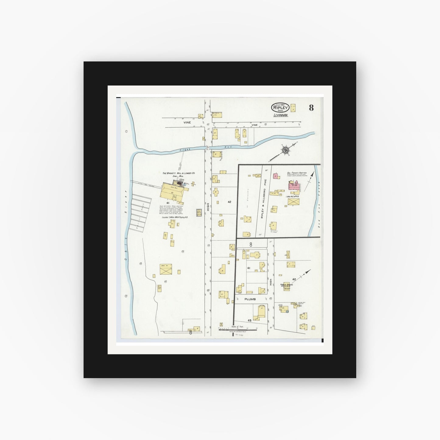 Old map wall art mockup — black gallery frame with white mat — Sanborn Fire Insurance Map from Ripley, Brown County, Ohio (1920), Sheet #0008