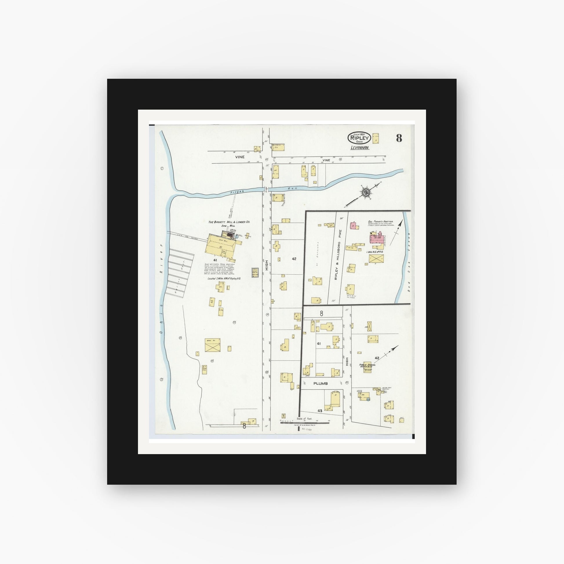 Old map wall art mockup — black gallery frame with white mat — Sanborn Fire Insurance Map from Ripley, Brown County, Ohio (1920), Sheet #0008