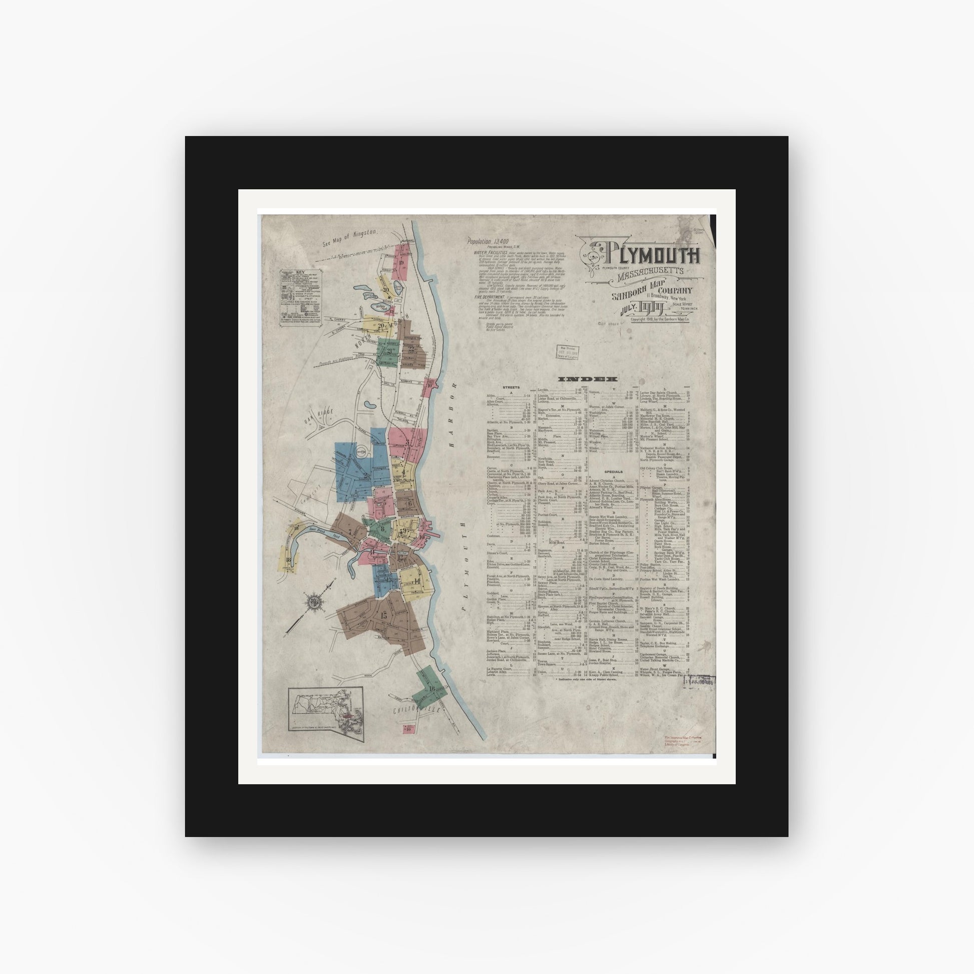 Old map wall art mockup — black gallery frame with white mat — Sanborn Fire Insurance Map from Plymouth, Plymouth County, Massachusetts (1919), Sheet #0001