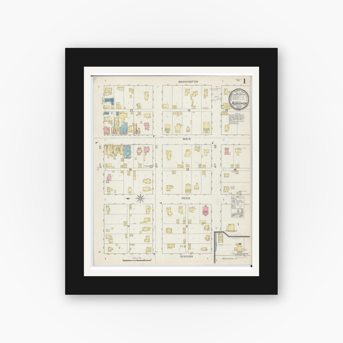 Old map wall art mockup — black gallery frame with white mat — Sanborn Fire Insurance Map from Pecatonica, Winnebago County, Illinois (1893), Sheet #0001