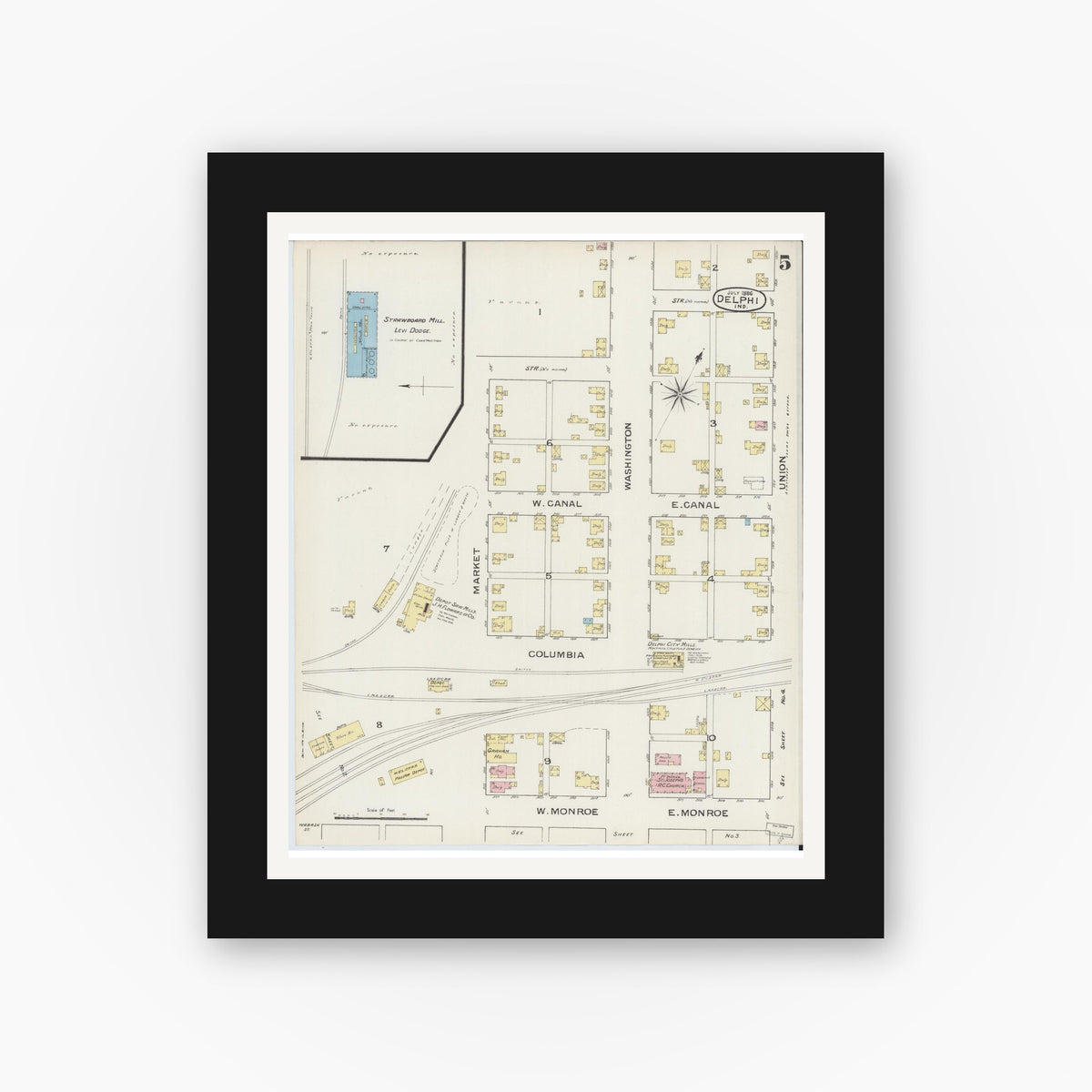 Old map wall art mockup — black gallery frame with white mat — Sanborn Fire Insurance Map from Delphi, Carroll County, Indiana (1886), Sheet #0005