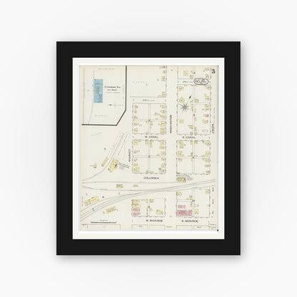 Old map wall art mockup — black gallery frame with white mat — Sanborn Fire Insurance Map from Delphi, Carroll County, Indiana (1886), Sheet #0005