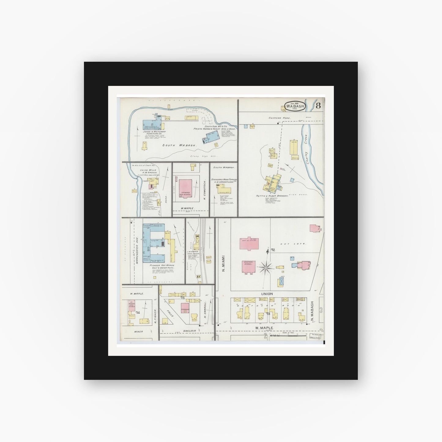 Old map wall art mockup — black gallery frame with white mat — Sanborn Fire Insurance Map from Wabash, Wabash County, Indiana (1893), Sheet #0008